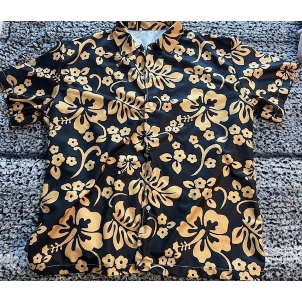 Men's Black & Gold Hawaiian Theme Button Up‎ T Shirt Size XL